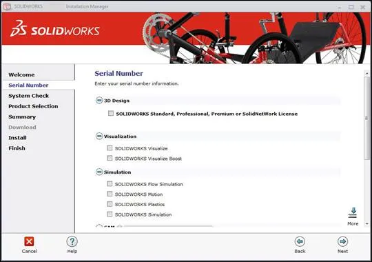 SOLIDWORKS Trial Installation and Activation Serial Number Screen